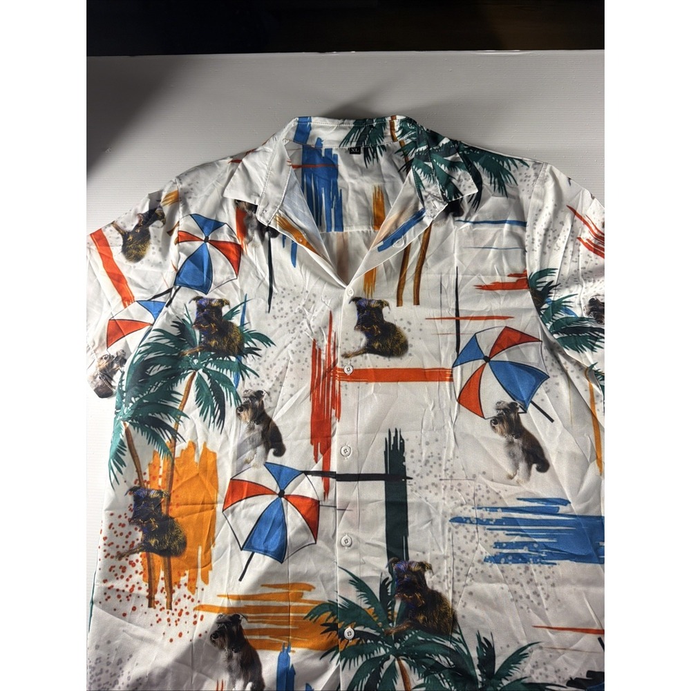 Men's XL Schnauzer Dog Beach Hawaiian Shirt Palm Trees Umbrella Button Up